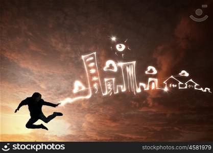 When you are young and free. Young man jumping high in sky representing youth concept