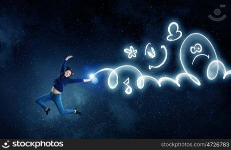 When you young and happy. Young girl jumping high in sky and drawing music concept