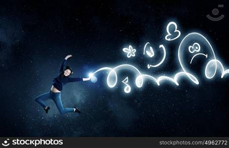 When you young and happy. Young girl jumping high in sky and drawing music concept