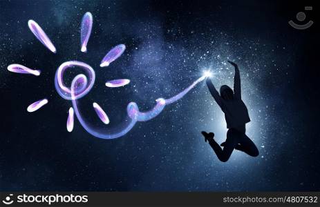 When you young and happy. Young girl jumping high in sky representing happiness concept
