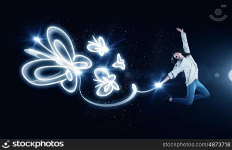 When you young and happy. Young girl jumping high in sky representing happiness concept