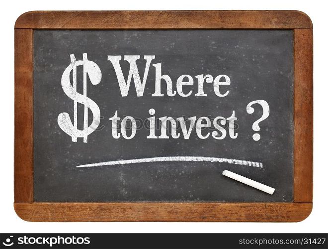 Where to invest question - white chalk text on a vintage slate blackboard