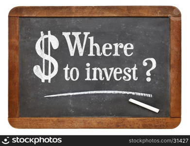 Where to invest question - white chalk text on a vintage slate blackboard