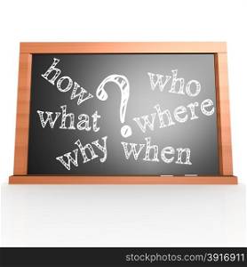 Where, When, What, Who, Why, How written with Chalk on Blackboard image with hi-res rendered artwork that could be used for any graphic design.