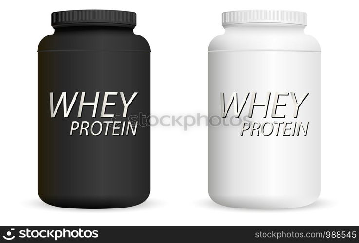 Whey protein black and white bottles set. Sports nutrition jar mockup ready for your design. Realistic vector illustration.. Whey protein black and white bottles set. Sports