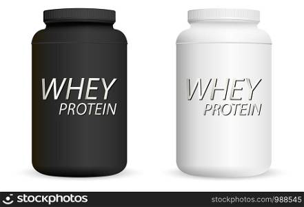 Whey protein black and white bottles set. Sports nutrition jar mockup ready for your design. Realistic vector illustration.. Whey protein black and white bottles set. Sports