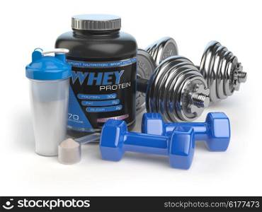 Whey protein with dumbbells and shaker. Sports bodybuilding supplements or nutrition. Fitness or healthy lifestyle concept. 3d illustration