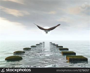 Which way to choose, make a decision, eagle choice flying to the sky - 3D render. Which way to choose, make a decision, eagle choice - 3D render