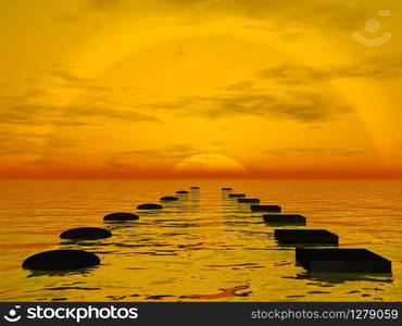 Which way to go to the sun decision concept of different steps upon the ocean - 3D render. Which way to go to the sun decision concept - 3D render