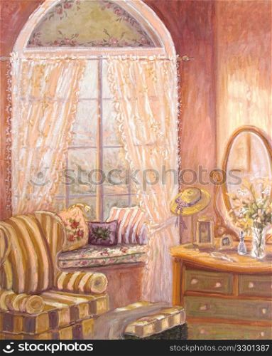 Whimiscal oil painting of a child&acute;s bedroom
