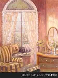 Whimiscal oil painting of a child&acute;s bedroom