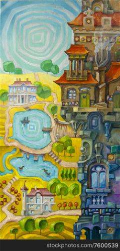 Whimsical building. The tall whimsical building with a many architectural elements is situated in a foreground, and the sunny valley with the lakes and the stream is in a background of the scene. Artwork by Alex Tsuper. Oil on canvas, 40 x 80 cm..