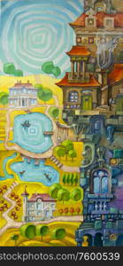 Whimsical building. The tall whimsical building with a many architectural elements is situated in a foreground, and the sunny valley with the lakes and the stream is in a background of the scene. Artwork by Alex Tsuper. Oil on canvas, 40 x 80 cm..