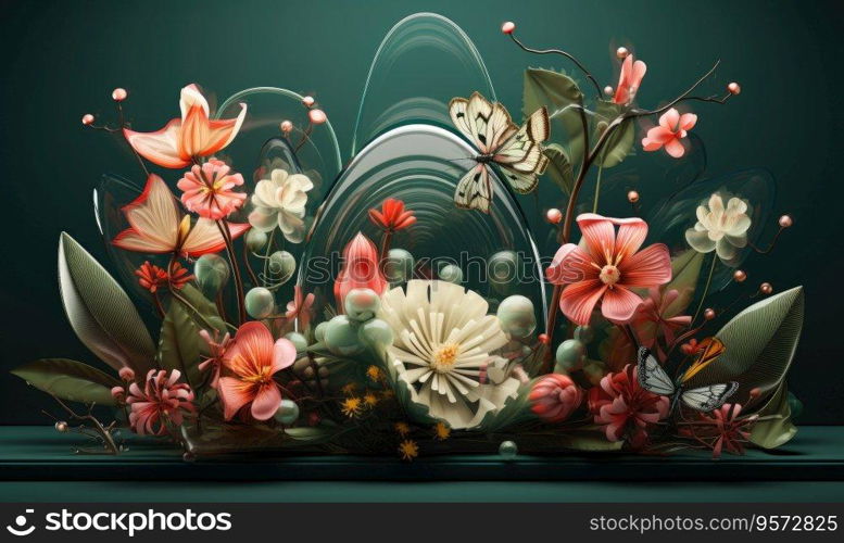 Whimsical glassmorphism art of colorful flora and fauna. Vibrant botanical display with blossoming flowers and fluttering butterflies. Created with generative AI tools. Vibrant botanical display with blossoming flowers and fluttering butterflies. Created by AI tools