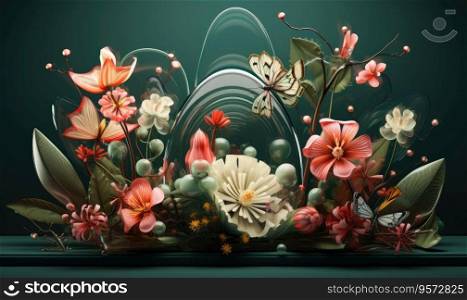 Whimsical glassmorphism art of colorful flora and fauna. Vibrant botanical display with blossoming flowers and fluttering butterflies. Created with generative AI tools. Vibrant botanical display with blossoming flowers and fluttering butterflies. Created by AI tools