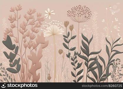 Whimsical meadow design, pale dusty rose floral abstract background. Generative AI. Whimsical meadow design, pale dusty rose floral pattern. Generative AI