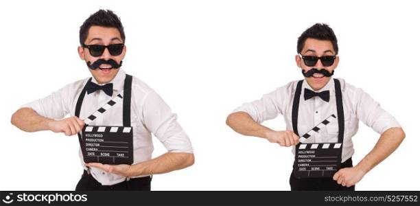 Whiskered man with clapperboard holding isolated on white