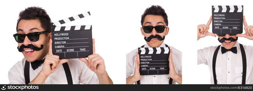 Whiskered young man with clapperboard isolated on white