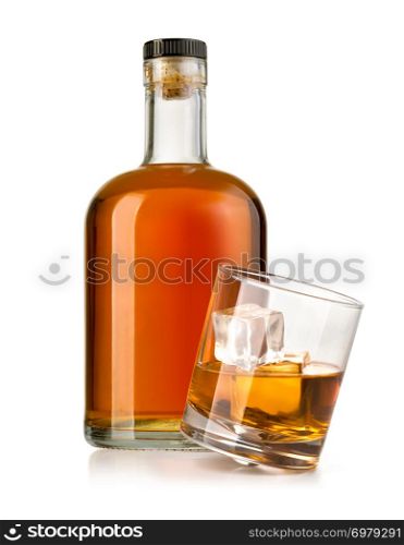 whiskey bottle with glass isolated on white background