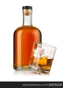 whiskey bottle with glass isolated on white background