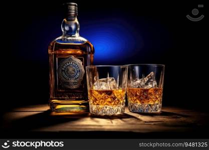 Whiskey glass with ice and drink next to glass bottle. Generative AI