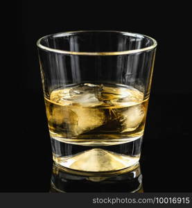 Whiskey in a Glass with Ice Cubes, Black Reflective Background