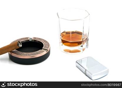 whiskey, metal lighter and cigar on white background