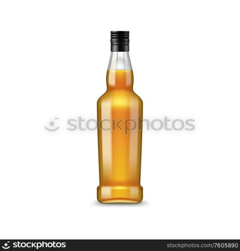 Whiskey or scotch in bottle isolated alcohol drink. Vector brandy or cognac, high spirit beverage. Bottle of alcohol drink isolated brandy or cognac