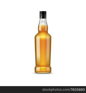 Whiskey or scotch in bottle isolated alcohol drink. Vector brandy or cognac, high spirit beverage. Bottle of alcohol drink isolated brandy or cognac
