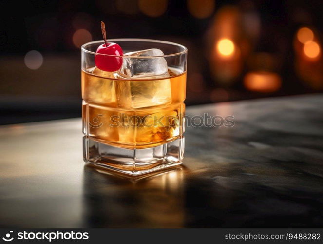 Whiskey sour cocktail with ice and cherry on bar counter.AI Generative