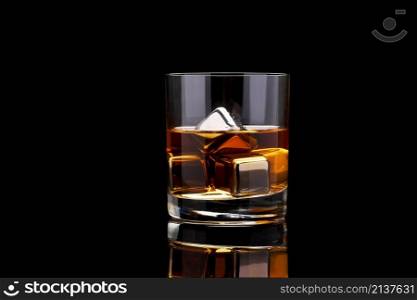 Whiskey with steel cooling cubes on dark glass background.. Whiskey with steel cooling cubes on dark glass background