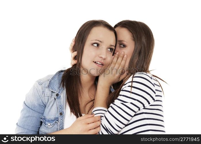 whispering news. teenager whispering news to her sister on white background