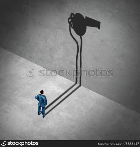Whistleblower employee or whistle blower concept as a mole symbol of a secret informer agent posing as an informant worker with his cast shadow of a whistle as a metaphor for inside information on misconduct with 3D illustration elements