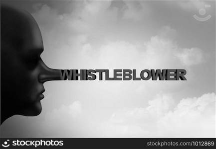 Whistleblower fraud and whistle blower lies as a secret informant that is a liar as a leaker or political trust concept with 3D illustration elements.