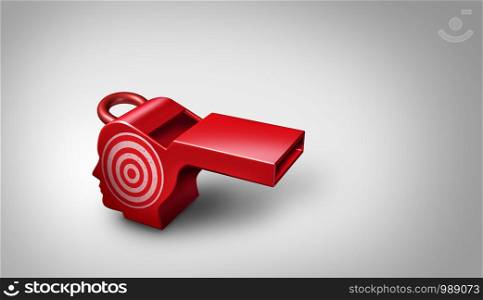 Whistleblower target and whistle blower targeted for exposing corruption and as a red whistle shaped as a human head as a vulnerable leaker or person that exposes private information as a 3D illustration.