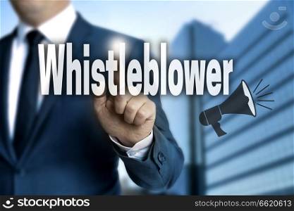 Whistleblower touchscreen is operated by businessman.. Whistleblower touchscreen is operated by businessman
