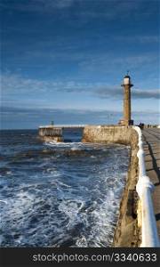 Whitby Lighthouse and Pier, North Yorkshire, UK