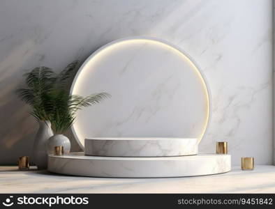White 3d podium with marb≤texture and golden e≤ments. Empty sta≥or pedestal mockup illuminated with spotlight. Podium or platform for award ceremony and∏uct presentation. AI Ge≠rative