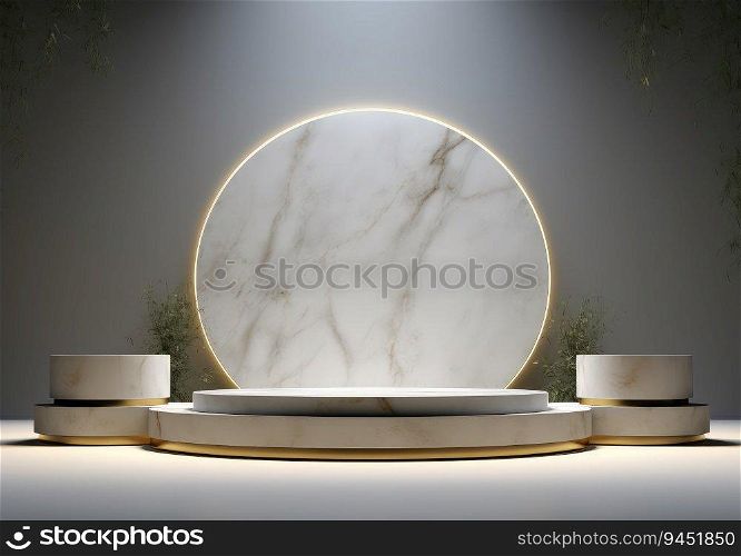 White 3d podium with marble texture and golden elements. Empty stage or pedestal mockup illuminated with spotlight. Podium or platform for award ceremony and product presentation. AI Generative