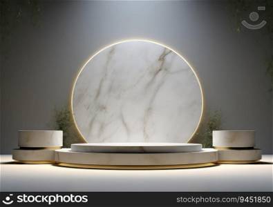 White 3d podium with marble texture and golden elements. Empty stage or pedestal mockup illuminated with spotlight. Podium or platform for award ceremony and product presentation. AI Generative