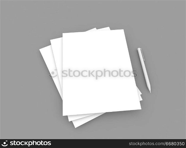 White A4 paper sheets and pen on a gray background. 3d render illustration.. White A4 paper sheets and pen on a gray background. 