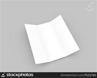 White advertising flyer on a gray background. 3d render illustration.. White advertising flyer on a gray background.