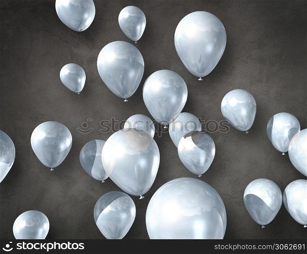 White air balloons on a dark concrete background. 3D illustration render. White air balloons on a concrete background