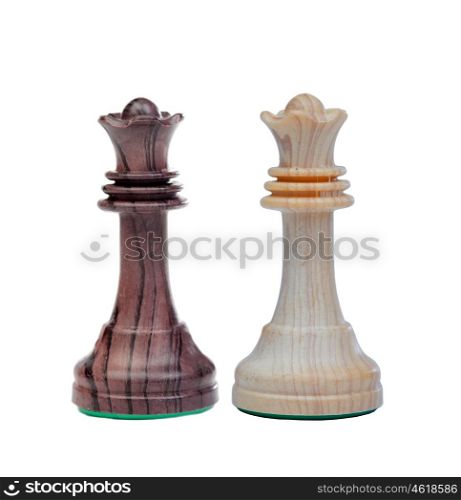 White and black queen. chess pieces isolated on white background
