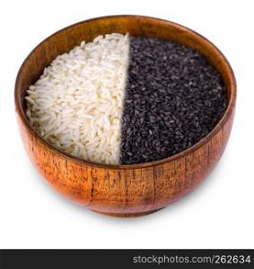 White and black rice in wooden bowl on white background. Close up, high resolution product.