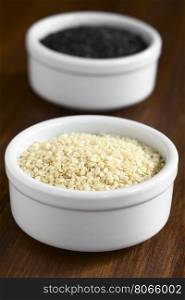 White and black sesame seeds in small bowls, photographed with natural light (Selective Focus, Focus one third into the white seeds)