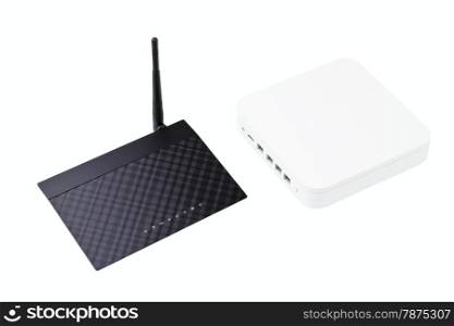 White and black wireless routers isolated on a white background