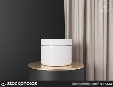 White and blank, unbranded cosmetic cream jar standing on golden podium. Skin care product presentation. Elegant mockup. Skincare, beauty and spa. Jar with copy space. 3D rendering. White and blank, unbranded cosmetic cream jar standing on golden podium. Skin care product presentation. Elegant mockup. Skincare, beauty and spa. Jar with copy space. 3D rendering.