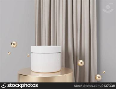 White and blank, unbranded cosmetic cream jar standing on golden podium. Skin care product presentation. Elegant mockup. Skincare, beauty and spa. Jar with copy space. 3D rendering. White and blank, unbranded cosmetic cream jar standing on golden podium. Skin care product presentation. Elegant mockup. Skincare, beauty and spa. Jar with copy space. 3D rendering.