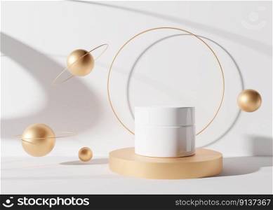 White and blank, unbranded cosmetic cream jar standing on golden podium with spheres. Skin care product presentation on white background. Luxury mockup. Jar with copy space. 3D rendering. White and blank, unbranded cosmetic cream jar standing on golden podium with spheres. Skin care product presentation on white background. Luxury mockup. Jar with copy space. 3D rendering.